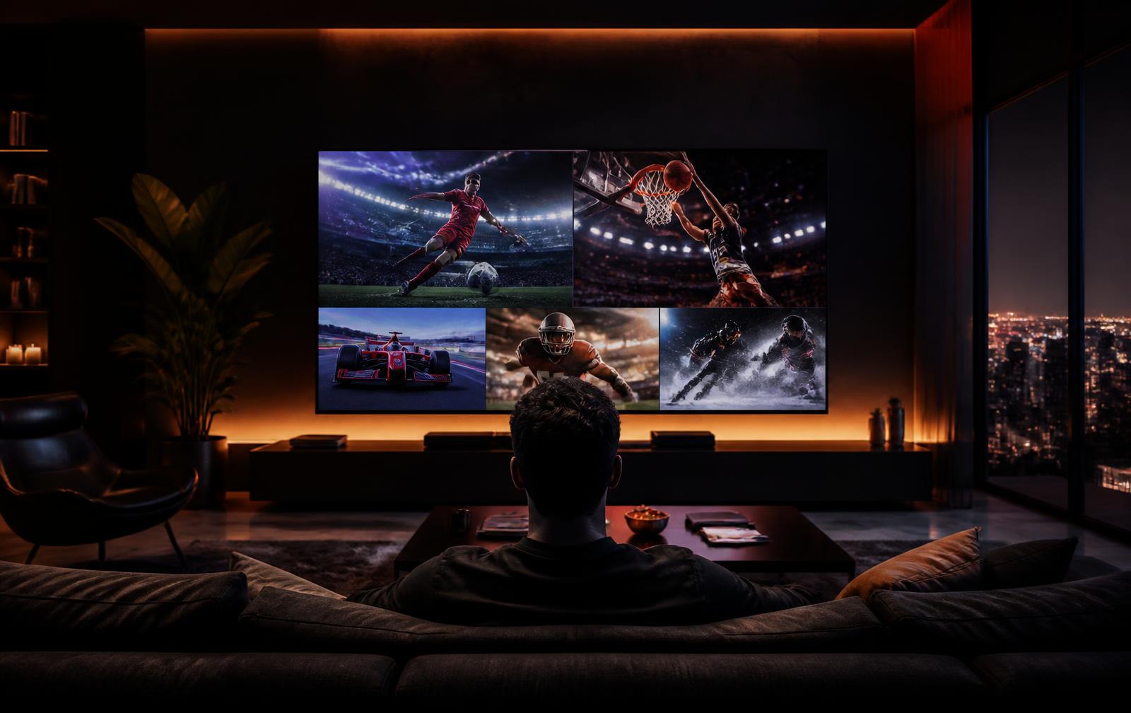 Living room with an 8K television showing several sports channels